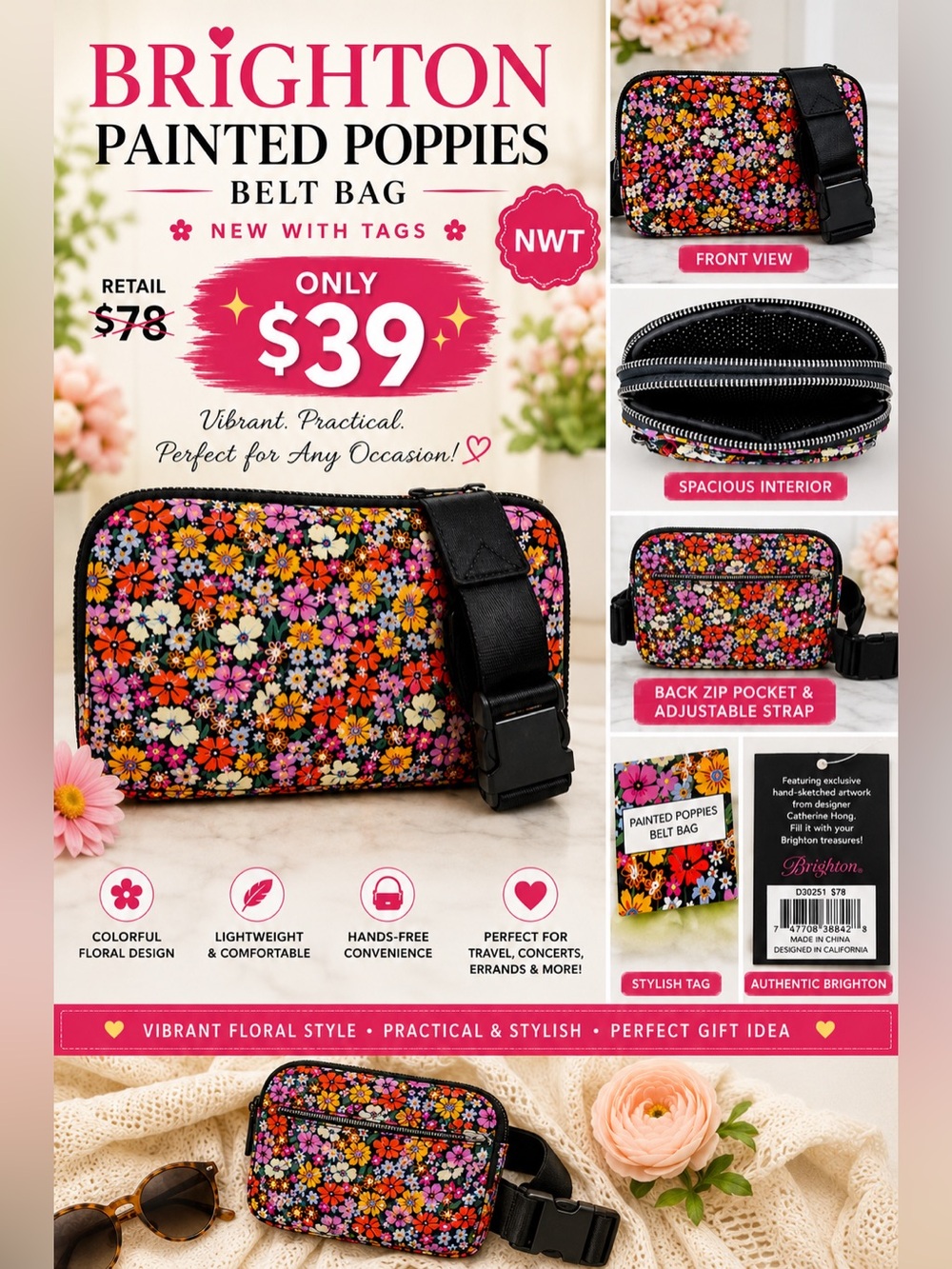 Brighton Painted Poppies Belt Bag / Crossbody Bag – NWT